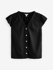 Black Button Down Ruffle Sleeve Top With Linen - Image 4 of 6