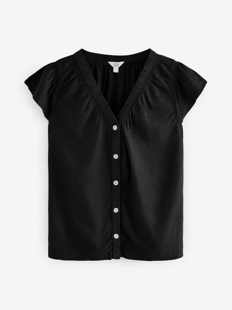 Black Button Down Ruffle Sleeve Top With Linen - Image 4 of 6