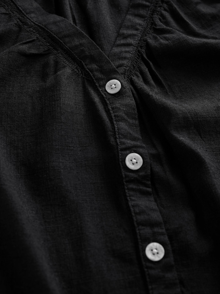 Black Button Down Ruffle Sleeve Top With Linen - Image 5 of 6
