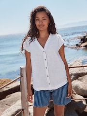 White Button Down Ruffle Sleeve Top With Linen - Image 1 of 7