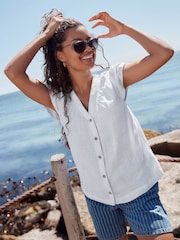 White Button Down Ruffle Sleeve Top With Linen - Image 2 of 7