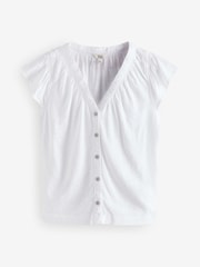 White Button Down Ruffle Sleeve Top With Linen - Image 7 of 7