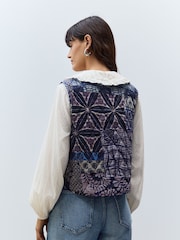 Lilac/Purple Abstract and Stripe Print Padded Reversible Tie Front 100% Cotton Gilet - Image 5 of 10