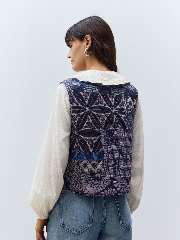 Lilac/Purple Abstract and Stripe Print Padded Reversible Tie Front 100% Cotton Gilet - Image 5 of 10