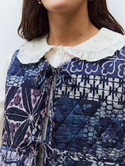 Lilac/Purple Abstract and Stripe Print Padded Reversible Tie Front 100% Cotton Gilet - Image 6 of 10
