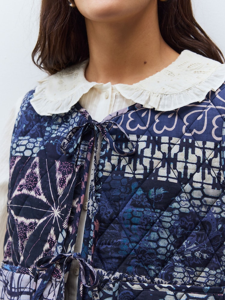 Lilac/Purple Abstract and Stripe Print Padded Reversible Tie Front 100% Cotton Gilet - Image 6 of 10