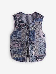 Lilac/Purple Abstract and Stripe Print Padded Reversible Tie Front 100% Cotton Gilet - Image 7 of 10