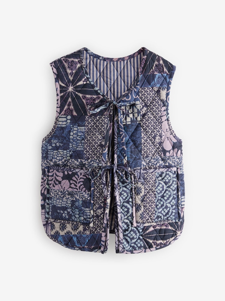 Lilac/Purple Abstract and Stripe Print Padded Reversible Tie Front 100% Cotton Gilet - Image 7 of 10