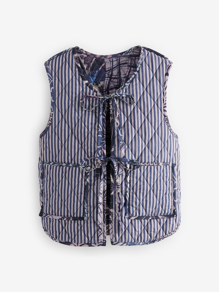 Lilac/Purple Abstract and Stripe Print Padded Reversible Tie Front 100% Cotton Gilet - Image 8 of 10