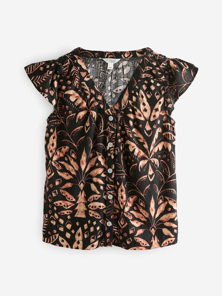 Black/Tan Palm Print Button Down Ruffle Sleeve Top With Linen - Image 5 of 7