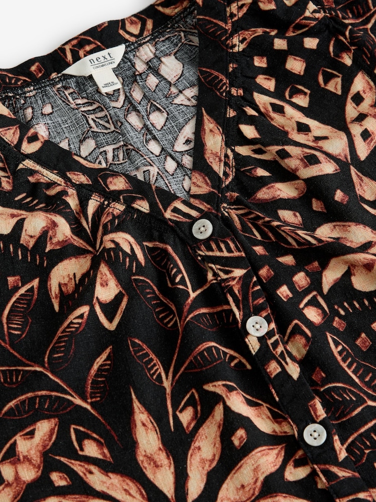 Black/Tan Palm Print Button Down Ruffle Sleeve Top With Linen - Image 6 of 7