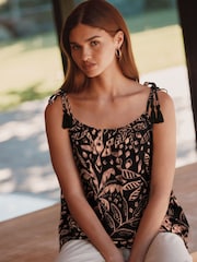 Black/Cream Palm Print Tassel Strappy Cami With Linen - Image 1 of 8