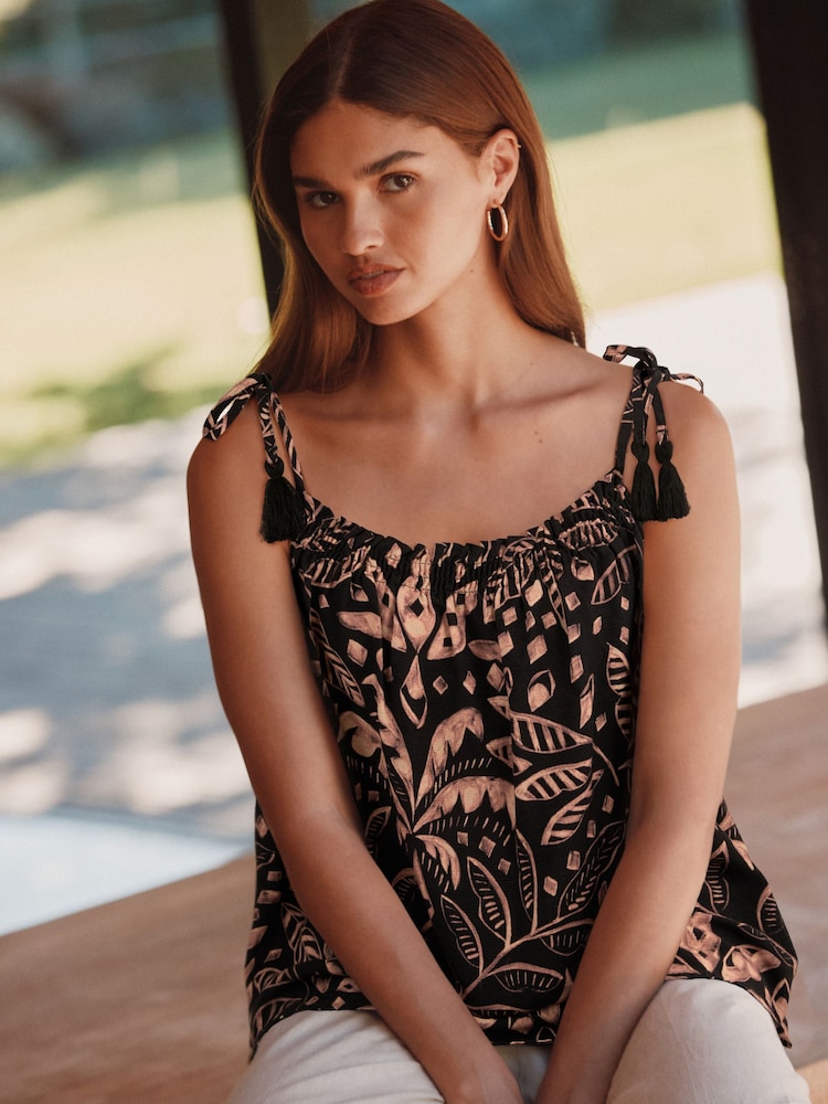 Black/Cream Palm Print Tassel Strappy Cami With Linen - Image 1 of 8