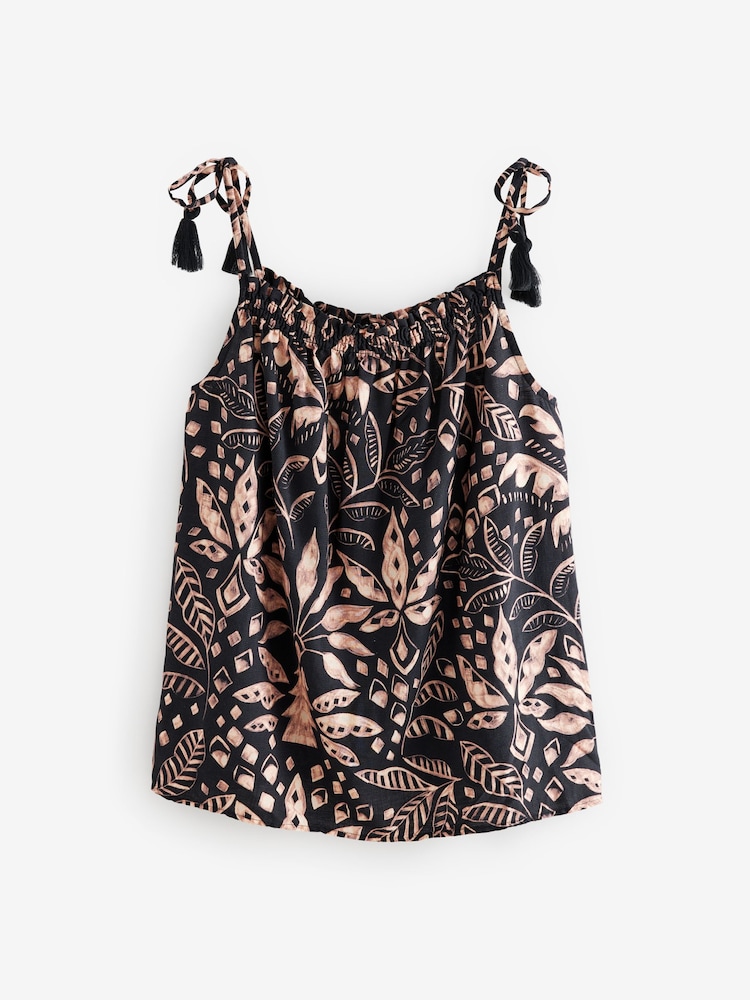 Black/Cream Palm Print - גופיית קומבינזון בשילוב פשתן עם כתפיות דקות וגדילים - Image 6 of 8