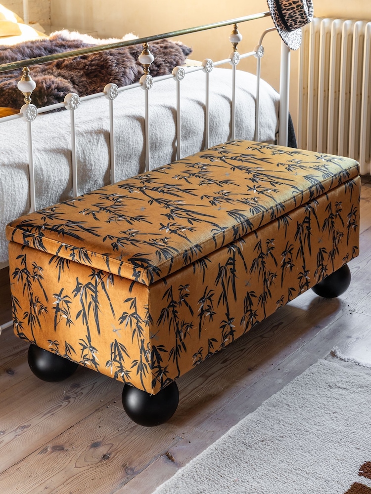 Rockett St George Black Bamboo on Golden Glow Velvet The Balls Storage Ottoman Bench - Image 1 of 8