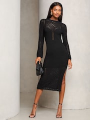 Lipsy Black Stitch Detail Crochet Midi Dress - Image 1 of 4