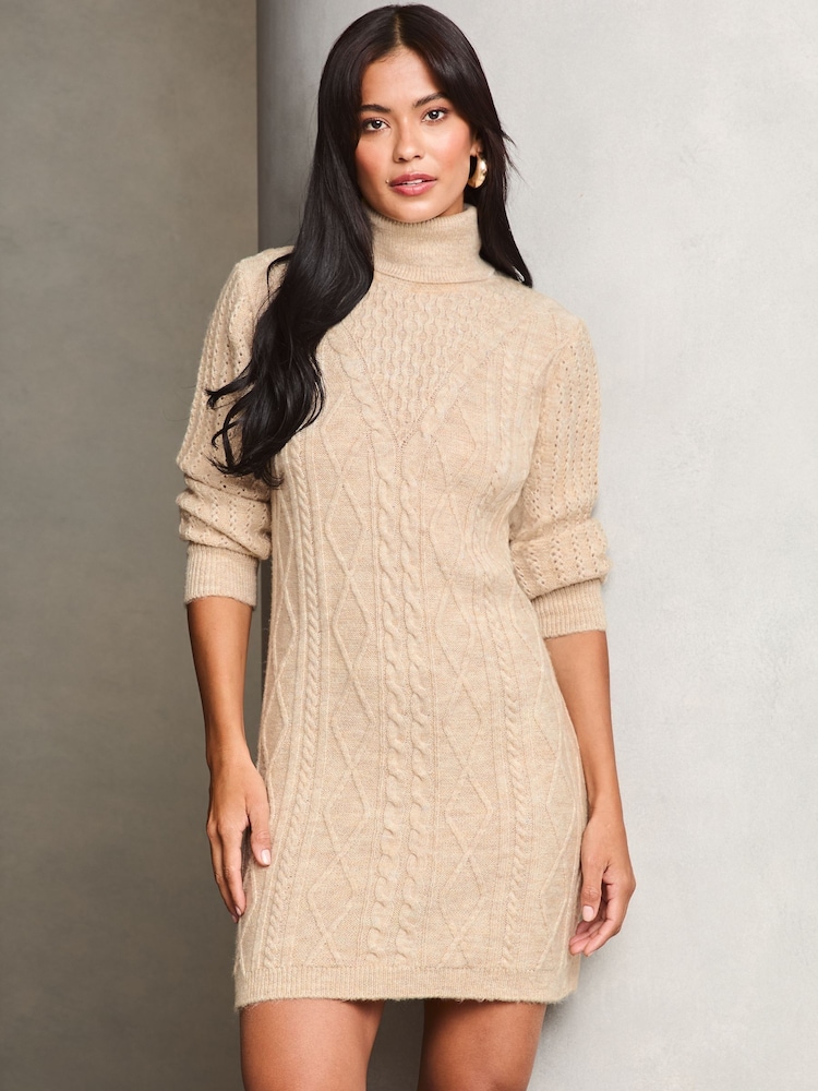 Lipsy Beige Petite Cable Cowl Knitted Jumper Dress - Image 1 of 4