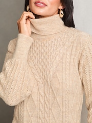 Lipsy Beige Petite Cable Cowl Knitted Jumper Dress - Image 3 of 4