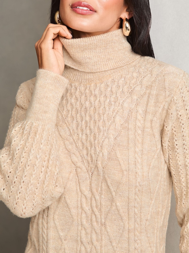Lipsy Beige Petite Cable Cowl Knitted Jumper Dress - Image 3 of 4