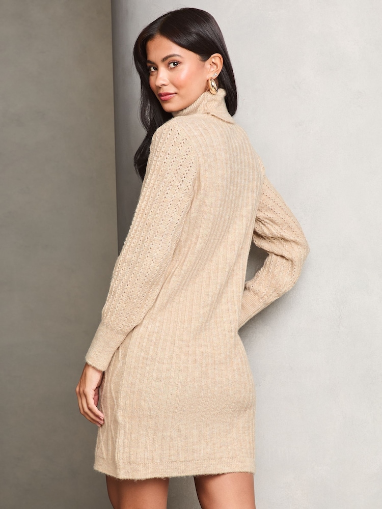 Lipsy Beige Petite Cable Cowl Knitted Jumper Dress - Image 4 of 4