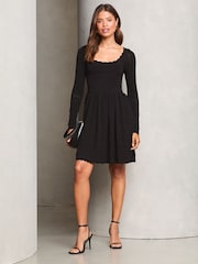 Lipsy Black Petite Long Sleeve Stitch Detail Lantern Knitted Dress - Image 3 of 4