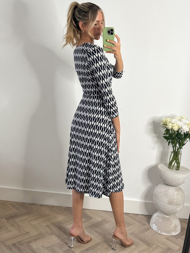 Jolie Moi Blue Geometric Fit & Flare Jersey Dress - Image 2 of 6
