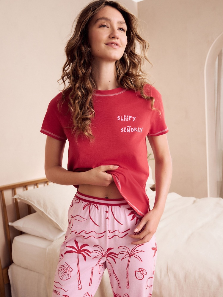 Red 100% Cotton Short Sleeve Pyjamas - Image 3 of 11