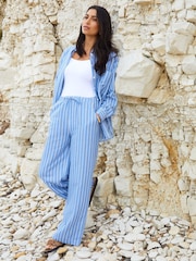 Threadbare Blue Striped Cotton Blend Drawcord Wide Leg Trousers - Image 3 of 4