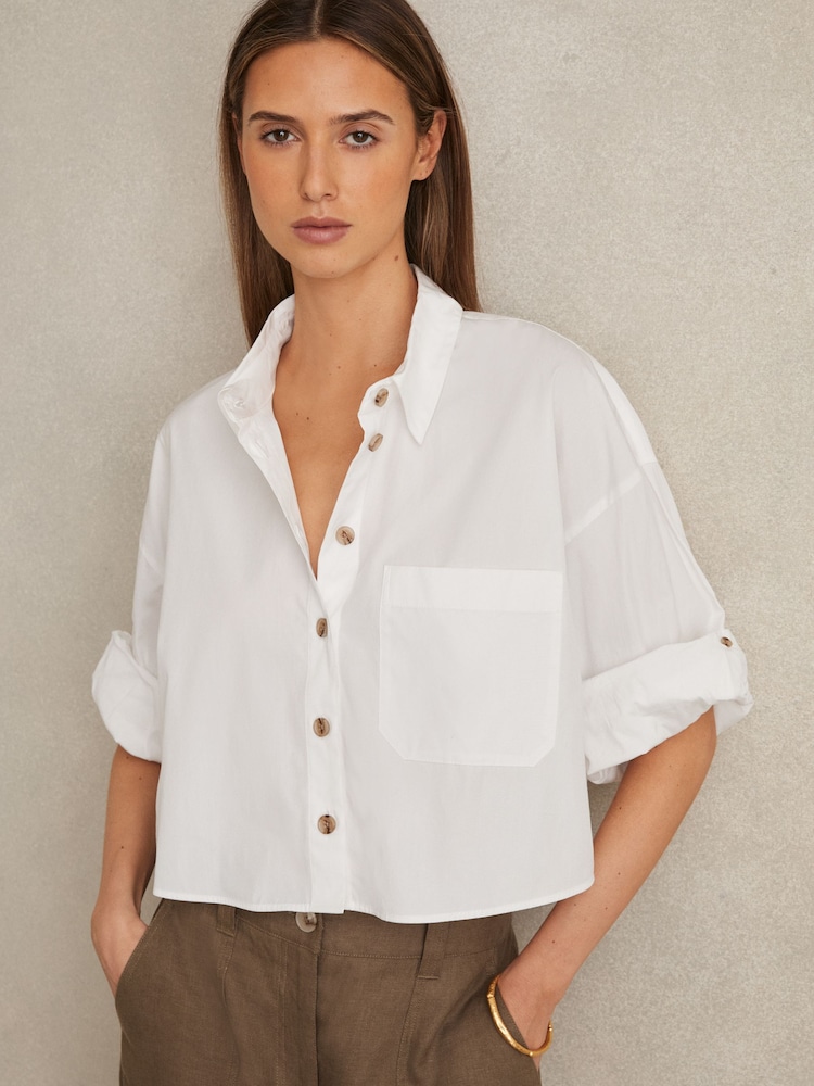 Reiss White Solene Cropped Cotton Shirt - Image 1 of 6