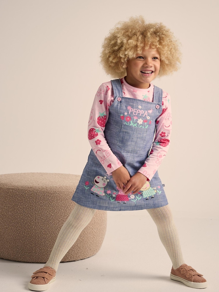 Brand Threads Pink Girls Peppa Pig Pinafore 100% Cotton Dress Set - Image 1 of 5