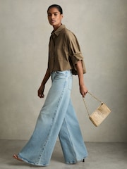 Reiss Khaki Solene Cropped Cotton Shirt - Image 1 of 6