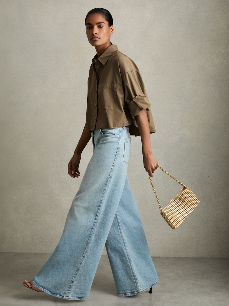 Reiss Khaki Solene Cropped Cotton Shirt - Image 1 of 6