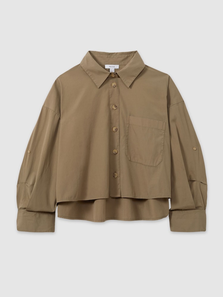 Reiss Khaki Solene Cropped Cotton Shirt - Image 2 of 6