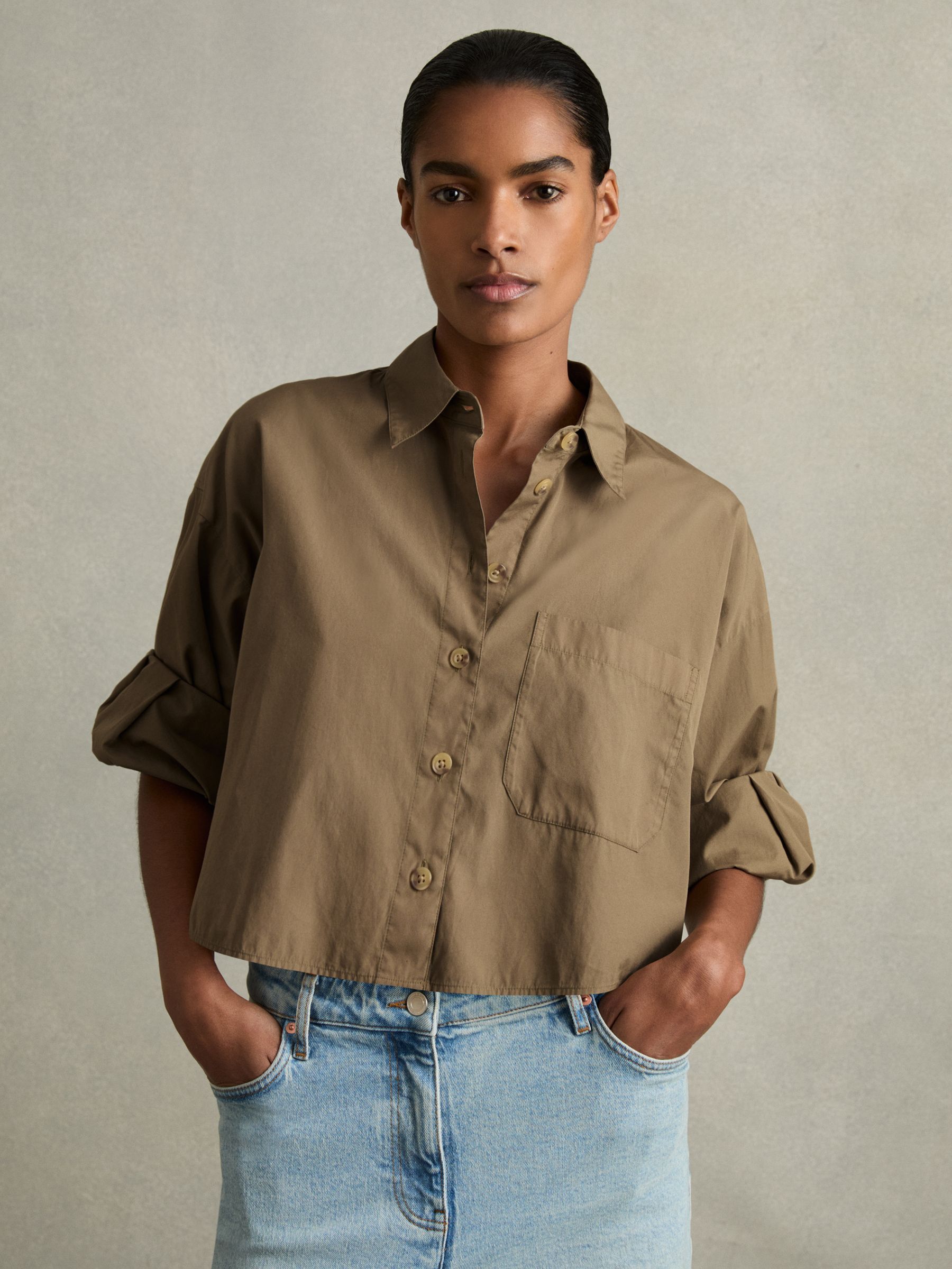 Buy Reiss Khaki Solene Cropped Cotton Shirt from the Next UK
