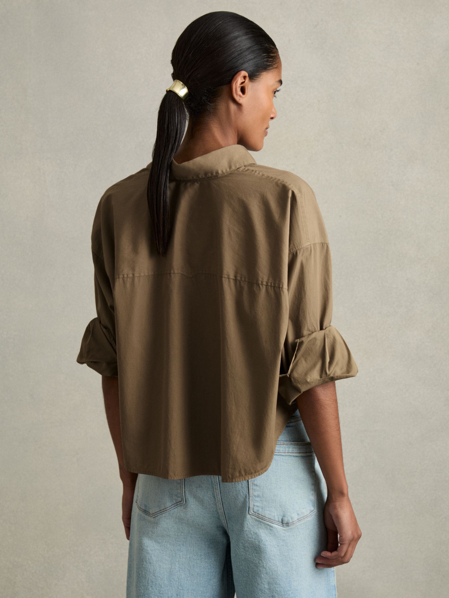 Buy Reiss Khaki Solene Cropped Cotton Shirt from the Next UK