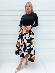 AX Paris Geometric Print 2 in 1 Long Sleeve Double Frill Split Black Midi Dress - Image 1 of 4