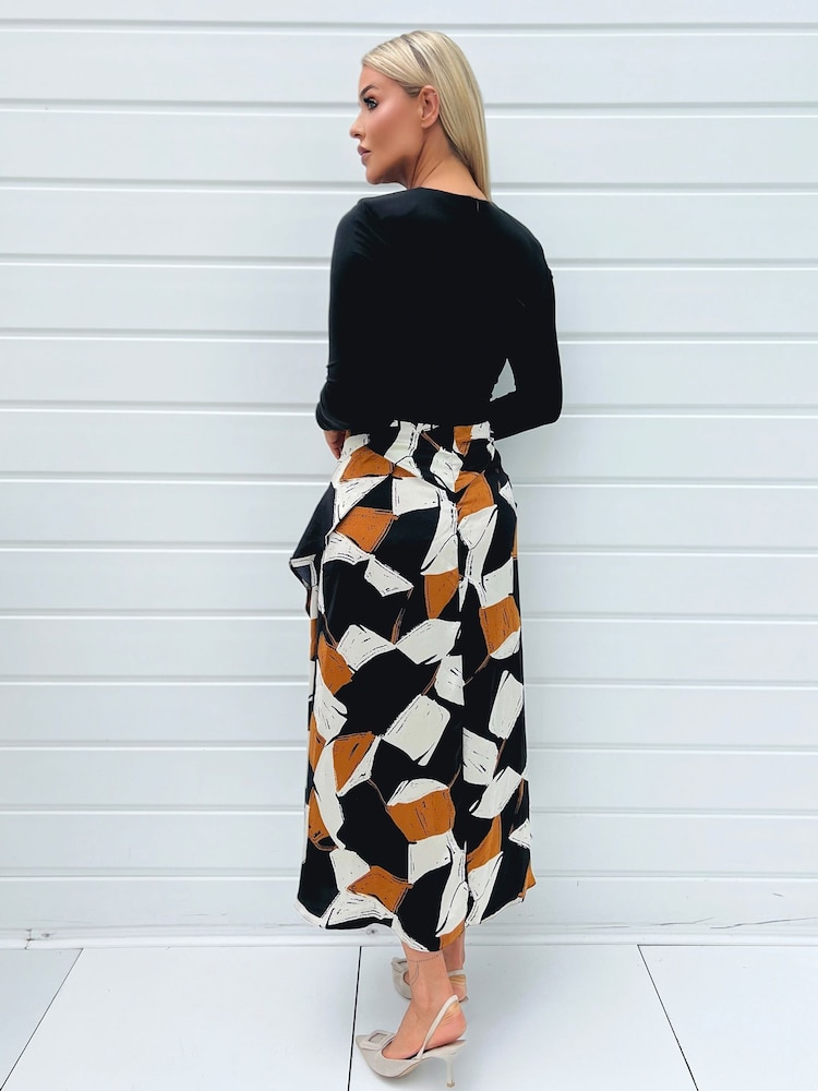 AX Paris Geometric Print 2 in 1 Long Sleeve Double Frill Split Black Midi Dress - Image 2 of 4 AX Paris Geometric Print 2 in 1 Long Sleeve Double Frill Split Black Midi Dress - Image 2 of 4