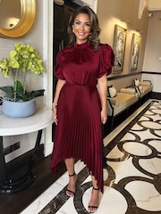 AX Paris High Neck Puff Sleeve Zig Zag Hem Pleated Midi Dress - Image 1 of 4