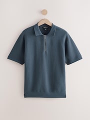 Navy 100% Cotton Zip Neck Waffle Knit Polo Jumper - Image 1 of 1