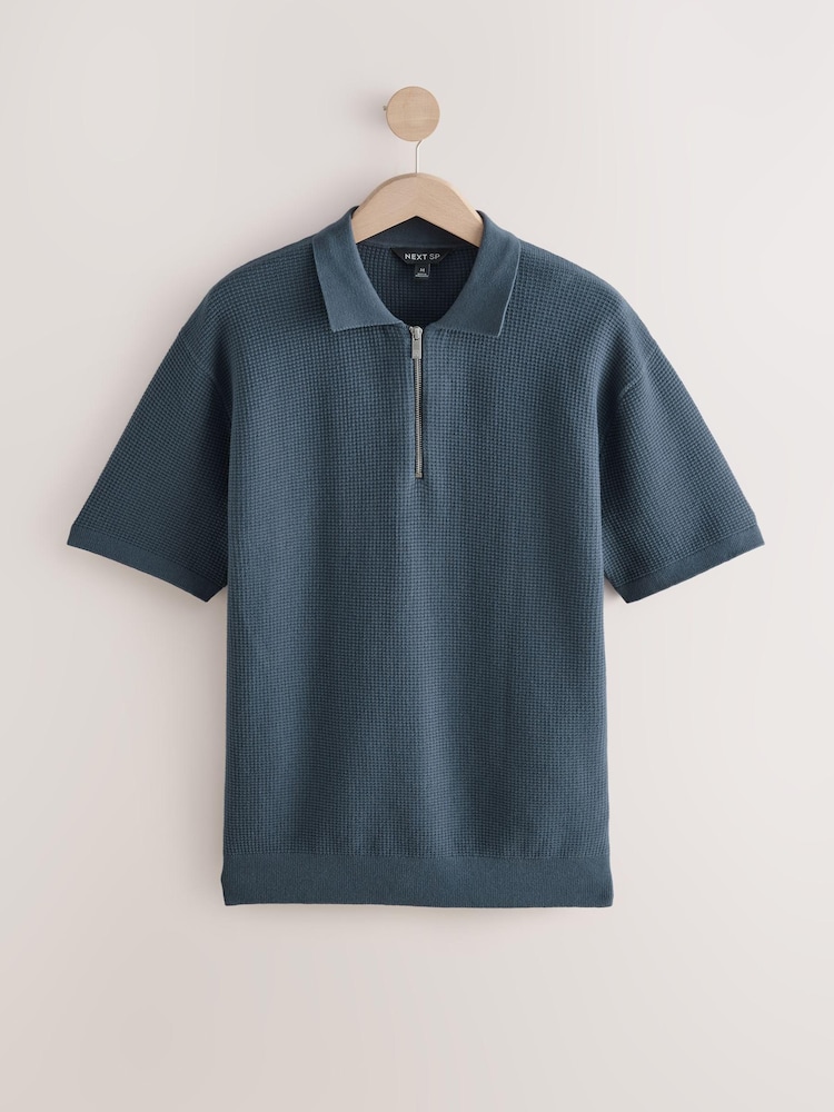 Navy 100% Cotton Zip Neck Waffle Knit Polo Jumper - Image 1 of 1