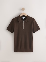 Brown Popcorn Zip Neck 100% Cotton  Polo Jumper - Image 1 of 2