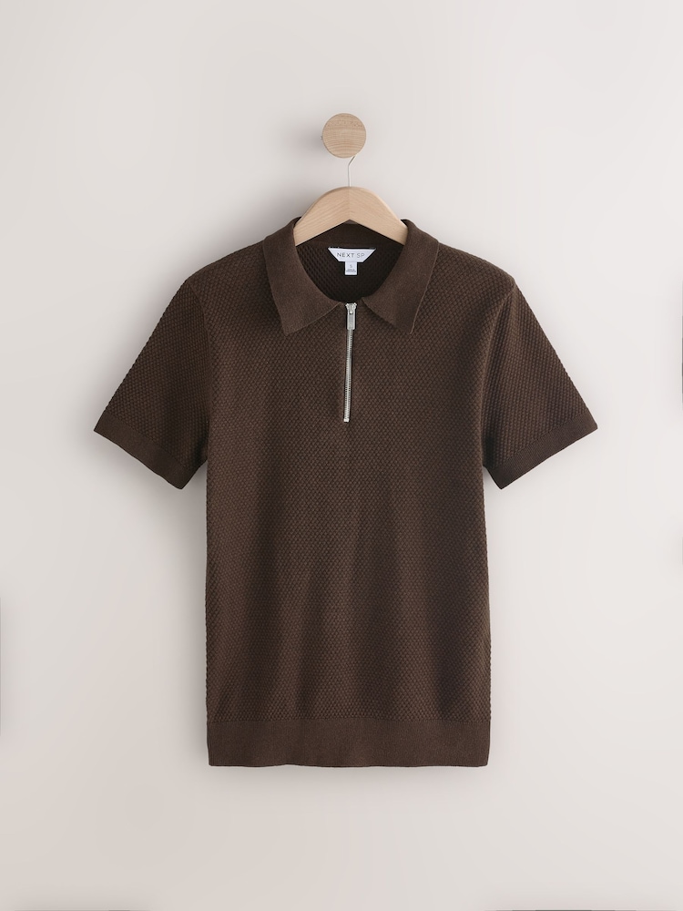 Brown Popcorn Zip Neck 100% Cotton  Polo Jumper - Image 1 of 2