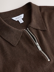 Brown Popcorn Zip Neck 100% Cotton  Polo Jumper - Image 2 of 2