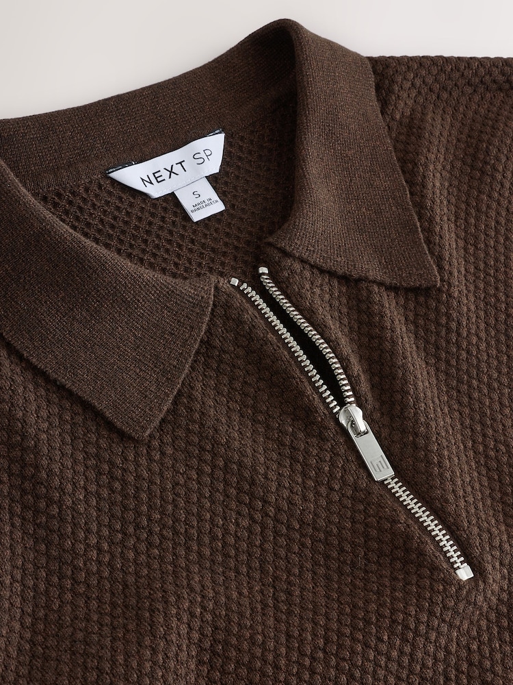 Brown Popcorn Zip Neck 100% Cotton  Polo Jumper - Image 2 of 2