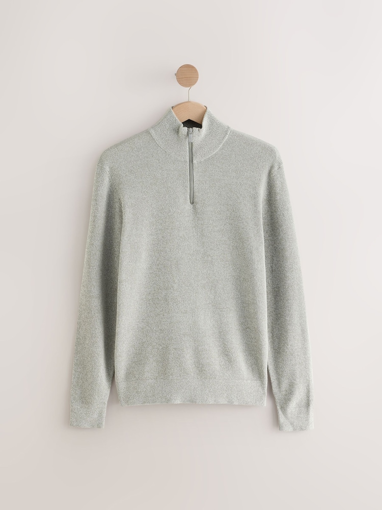 Grey/Ecru 100% Cotton Zip Funnel Neck Jumper - Image 1 of 3
