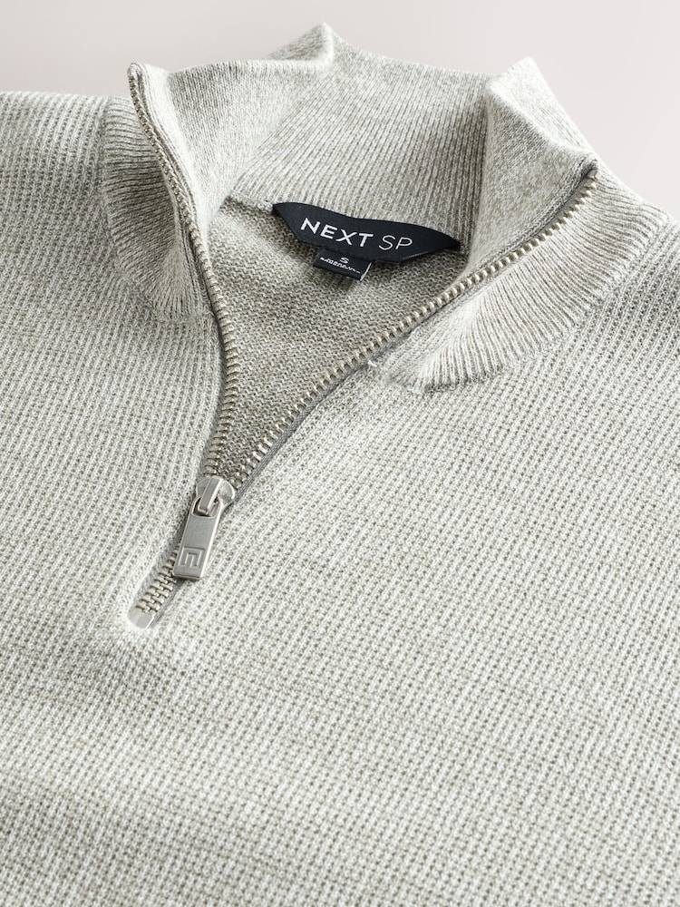 Grey/Ecru 100% Cotton Zip Funnel Neck Jumper - Image 2 of 3