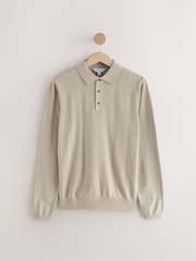 Stone Textured Long Sleeve 100% Cotton Polo Jumper - Image 1 of 3