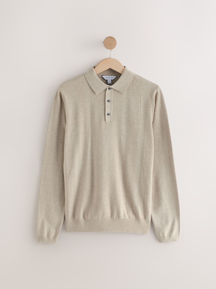 Stone Textured Long Sleeve 100% Cotton Polo Jumper - Image 1 of 3