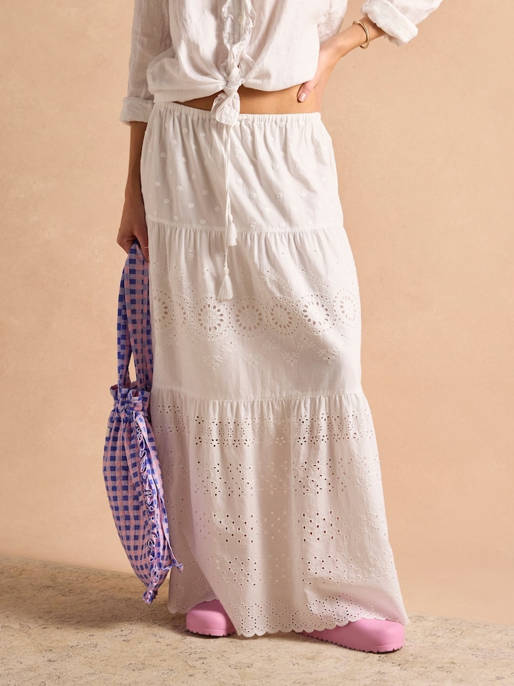 Joules White Broderie Tiered Maxi Skirt - Image 5 of 10
