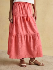 Joules Pink Broderie Tiered Maxi Skirt - Image 1 of 7